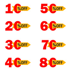 Set of sale tags with different percent off discount. Special offer, big sale, price drop. Vector illustration. EPS 10.