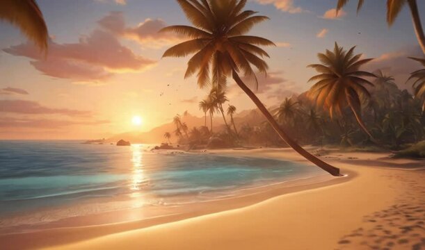 A sandy beach with crystal clear water and palm trees swaying in the gentle breeze. The sun is setting, casting a warm orange glow over the scene