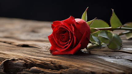 a single red rose lying on an old, wooden tabletop