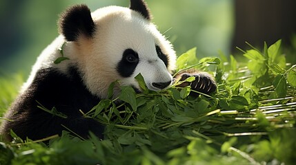Magnificent giant panda bear enjoying a delicious meal of fresh bamboo leaves in its natural habitat