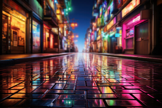 Fototapeta Neon signs flicker and reflect off rain-soaked pavement, transforming a city street into a vibrant and dynamic kaleidoscope of colors. Concept of urban nightlife. Generative Ai.