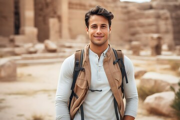 Male traveler exploring the ancient ruins of a historic site