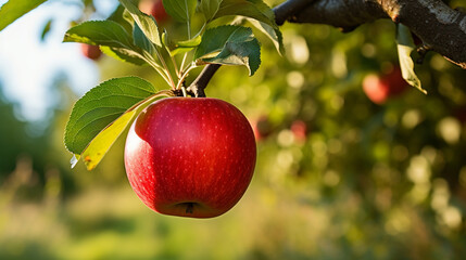 a single ripe apple hanging from a branch in an orchard with sunlight