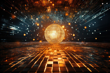 A disco ball spins, scattering fragments of light across a dance floor, creating a lively and energetic atmosphere that defines the essence of nightlife.  Generative Ai. - obrazy, fototapety, plakaty
