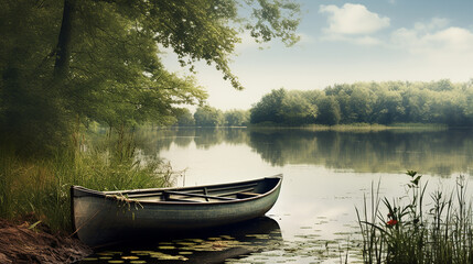 small rustic rowboat on the edge of of a tranquil pond - obrazy, fototapety, plakaty