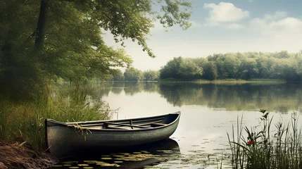 Foto op Canvas small rustic rowboat on the edge of of a tranquil pond © Aura