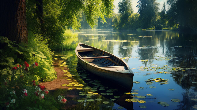 small rustic rowboat on the edge of of a tranquil pond. nature background