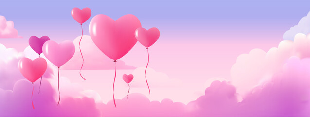 pink air balloons in heart shape flying in sky happy valentine day greeting card shopping poster or voucher holiday celebration - obrazy, fototapety, plakaty