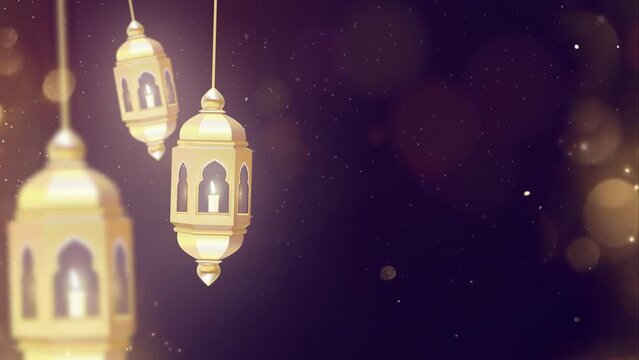 Ramadan candle lantern glows with Shimmering Glittering Particles Bokeh.