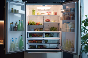 Fresh and Healthy: Full Fridge, Open Door, Nutritious Foods, and Organic Snacks with Cold Drinks in a Clean Kitchen Interior