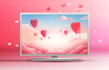 computer monitor screen with pink air balloons in heart shape flying in sky happy valentine day greeting card shopping poster or voucher