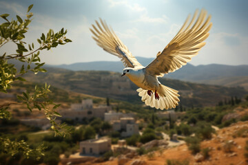 A dove carrying an olive branch over a digital landscape, symbolizing peace and reliability in the digital world. Generative Ai. - Powered by Adobe