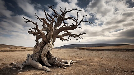 a solitary ancient tree with twisted roots in a deserted landscape