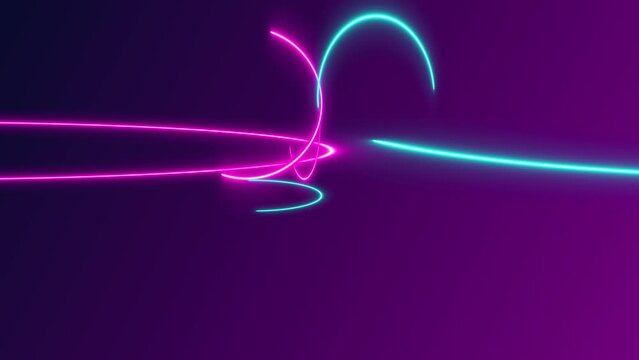 neon glowing lines animation with random flying many half circle shapes purple and blue colored for crazy shaky cyberpunk stylized background