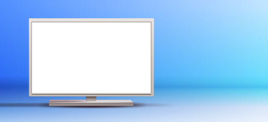 tv or computer monitor with empty white screen on blue background