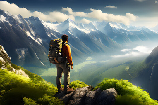 Nature's Freedom: A beautiful view of a hiker looking at the scenery from a cliff generative ai
