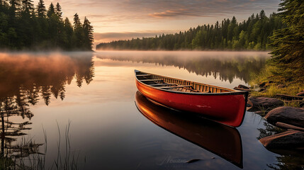 a traditional wooden canoe on a peaceful mirror-like lake