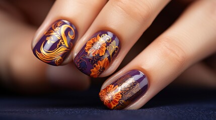 Vibrant close up of intricately crafted colorful nail art designs with studio lighting