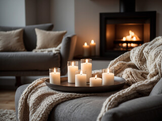A gray sofa with a thick beige knit fabric creates a warm and inviting winter atmosphere. Coffee table with candles next to the fireplace. Home interior design of modern living room
