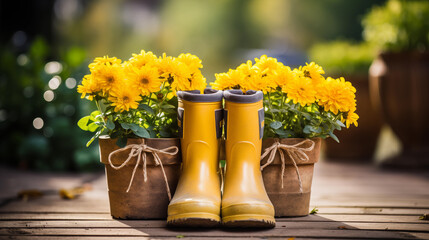 Gardening background with flowerpots, yellow boots in sunny spring or summer garden. Generative AI