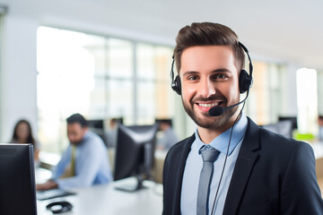 Happy customer support representative at work looking at camera. Generative AI