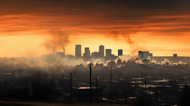 A skyline view of a city obscured by a layer of industrial smoke, giving the appearance of a city on fire.