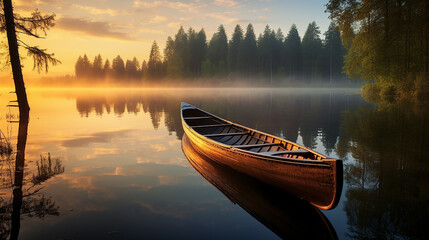 a traditional wooden canoe on a peaceful mirror-like lake with beautiful sunset