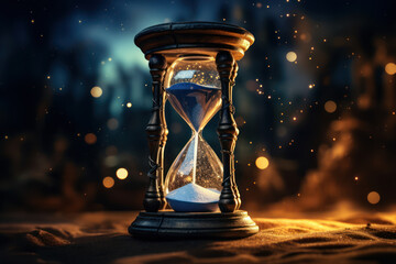 An hourglass with sand turning into stars, implying the transformation of time into cosmic ideas. Concept of cosmic creativity. Generative Ai.