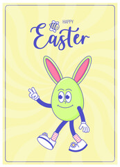 Happy Easter, spring holiday. Retro groovy cartoon characters and elements. Vintage funky mascot poster psychedelic smile and emotion. Comic trendy card. Vector illustration 60s 70s 90s style