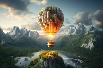 A hot air balloon in the shape of a light bulb, soaring over a landscape of books, representing the...