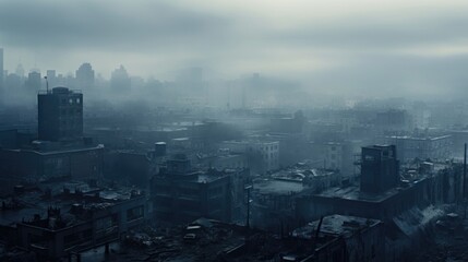 A bleak and desolate cityscape covered in a layer of thick, toxic fog. - obrazy, fototapety, plakaty