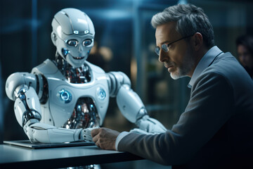A doctor consulting a patient with an AI assistant in the background, indicating the use of artificial intelligence in healthcare. Concept of AI in medicine. Generative Ai.