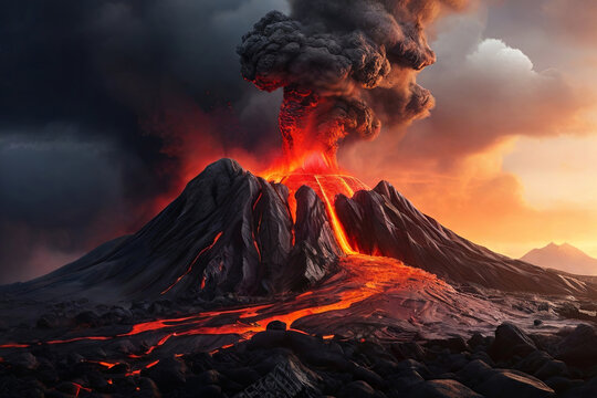 Nature Unleashed. Powerful volcano eruption with flowing lava. A dramatic and captivating concept representing the raw force of the earth's elements.