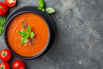 Top view of tomato soup in a black bowl on a gray stone background with space for copying