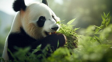 A zoomedin shot of a giant panda munching on bamboo, serving as a poignant reminder of the limited and rapidly depleting food sources for these endangered bears and the conservation strategies