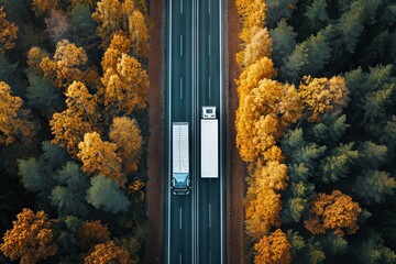 Drone captures autumnal forest road two trucks viewed from above - obrazy, fototapety, plakaty