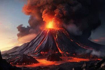 Nature Unleashed. Powerful volcano eruption with flowing lava. A dramatic and captivating concept representing the raw force of the earth's elements. © Amila Vector