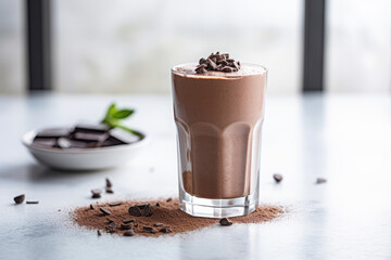 Chocolate smoothie in a glass topped with chocolate chips, healthy breakfast drink idea - obrazy, fototapety, plakaty