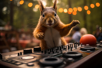 A squirrel with headphones acting as a DJ at a forest party, offering a comical view of animal hobbies. Concept of animal antics. Generative Ai.