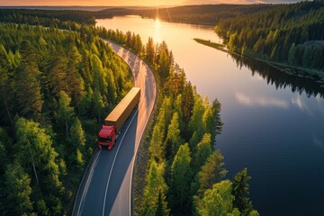 Beautiful sunset landscape in Karelia Russia with truck and trailer on a curved road by a lake surrounded by green pine forest - Powered by Adobe