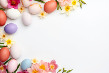 Naklejka na ściany i meble Easter background with spring flowers and colorful Easter eggs on white surface