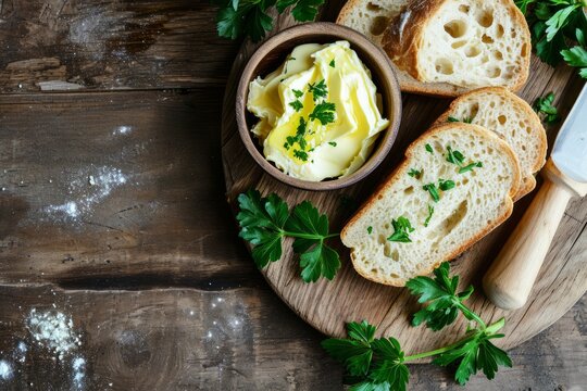 Breakfast with bread butter and parsley on rustic wooden background