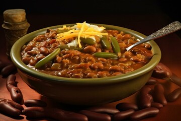 Chili with cheese, beans, onions, spoon, green beans, and napkin. Generative AI