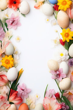 Easter background with spring flowers and colorful Easter eggs on white surface