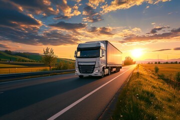 Fototapeta na wymiar Sunset with rural landscape and a white truck on asphalt road