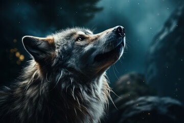 A lone wolf howling at the moon, conveying a sense of solitude and longing. Concept of solitude....
