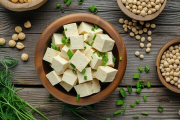 Soy bean curd tofu a non dairy cheese substitute in a wooden bowl on a kitchen table