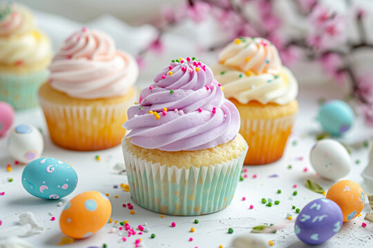 Easter cupcakes with colorful frosting, candy eggs and sprinkles, festive Easter dessert idea for kids