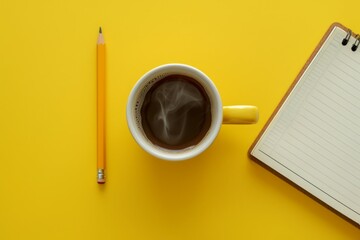 Close-up shot of a coffee cup, open notebook, and a pencil arranged on a yellow surface. Add subtle elements like steam rising from the coffee to enhance the break-time ambiance. - obrazy, fototapety, plakaty