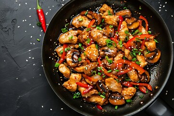 Asian stir fried chicken with paprika mushrooms chives and sesame seeds on a black kitchen table viewed from the top - obrazy, fototapety, plakaty